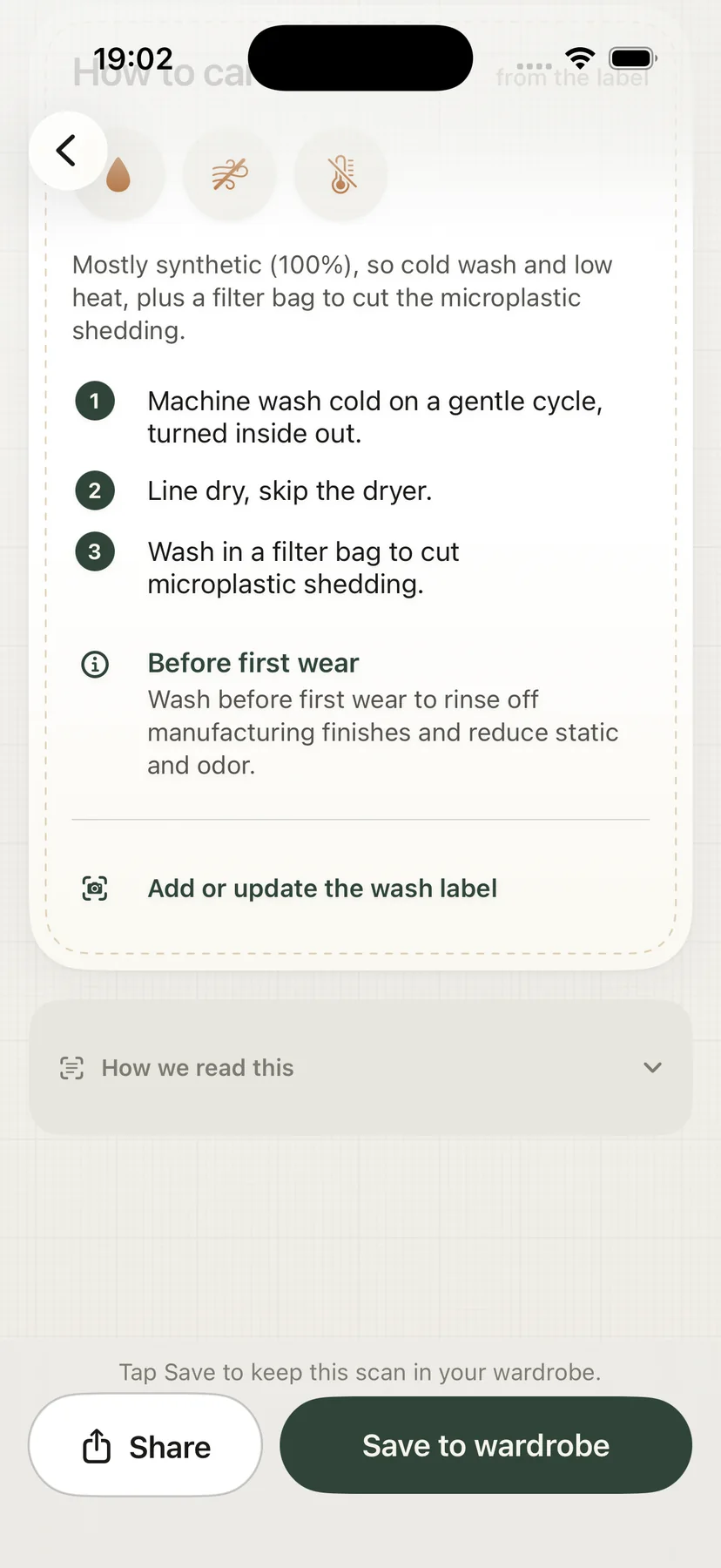 Decoded wash-care steps read off the label