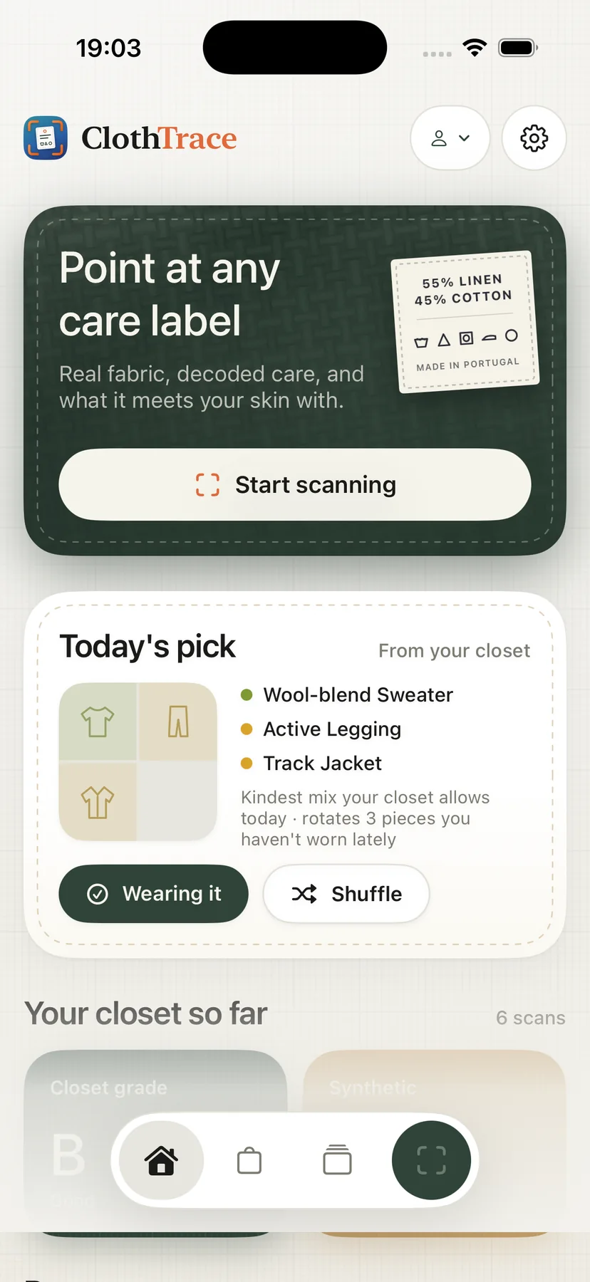 ClothTrace home: today's pick and your closet so far
