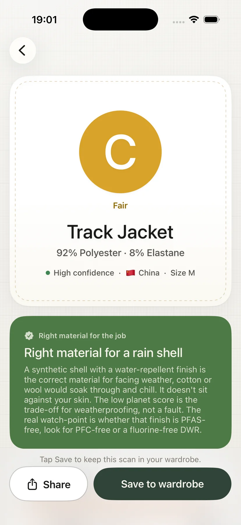 ClothTrace result screen: a C grade, the fibre split and a plain-language verdict